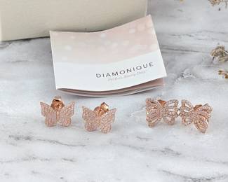 Two Pairs Diamonique Simulated Diamond & Rose Gold Vermeil Butterfly Earrings - New in Box