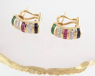 14K Yellow Gold, Sapphire, Ruby, Emerald & Diamond Earrings