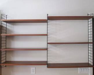 60's Mid-Century "Nisse Strinning" Teak and Metal String-Shelving System.  8-Shelves with 3-Supports.  Swedish Architect Designed Minimalist, Modular Styling.  Arrange Shelving to Fit Your Style & Function!
