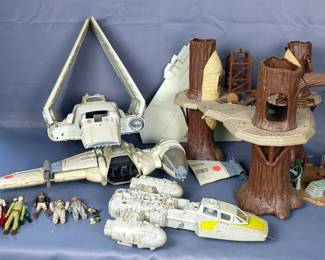 Star Wars Return Of The Jedi Figurines Including Y-Wing Bomber, B- Wing Fighter, Imperial Transport, Indoor Ewok Village, Lando Calrissian, Imperial Guard, Darth Vader, Luke Skywalker And Hans Solo, Qty 18, Some Are Missing Pieces