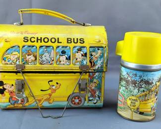 Walt Disney Metal School Bus Lunch Box With Matching Aladdin Metal Thermos
