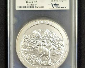 2012 P 5 Ounce .999 Fine Silver First Strike PCGS SP70 America The Beautiful Denali, With Quarter Image On Reverse