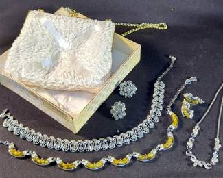Ladies Beaded Evening Clutch Purse And Silver Toned Necklace And Earring Sets, Qty 2