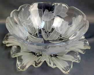 Glass Serving Bowl, 11" And Tray, 12" With Floral And Leaf Themes