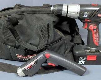 Craftsman 1/2" 19.2V Cordless Drill Driver With Battery, Model 315.114480, No Charger, Cordless Screwdriver, Model 315.111371, With Charging Cord, And Stud Finder, Model 315.114020, All Untested, In Soft Sided Carry Case