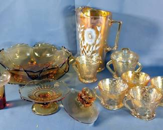 Carnival Glass Teacups, Cream, Sugar, 9.5" Pitcher, Serving Bowl, And More