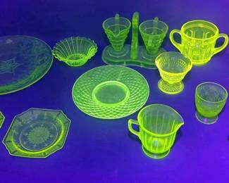Vaseline Glass Assortment Including 11.5" Plate, Creamer And Sugar Stand Set, Sorbet Cups, And More, Total Qty 15