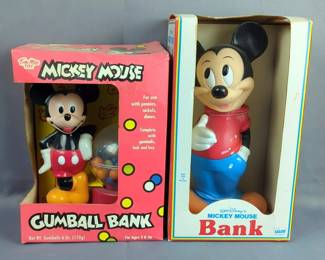 Walt Disney's Children's Mickey Mouse Bank, 12" Tall And Tim Mee Toy Mickey Mouse Gumball Bank, Both In Original Boxes