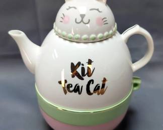 Teapot, Sugar, Creamer Set, And Tri-Coastal Design Kit Tea Cat Teapot Mug Tower, 8" Tall