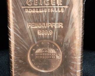 Geiger Poured 100 Ounce .9999 Fine Sealed Copper Bullion Bar