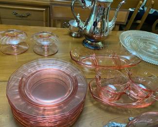 Pink Depression Glass 7.5” Plates, Umbrella Candle Holders, Divided Oval Relish Dish, Cream & Sugar 