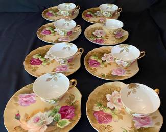 1960’s Lefton Japan Hand Painted Heritage Brown Rose Snack Plate & Teacup Set of 8 HTF 