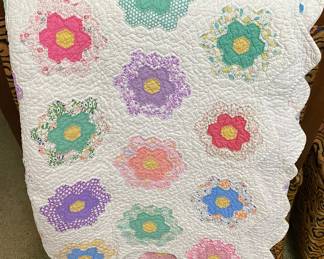 Antique “Grandmother’s Garden” Hand-Stitched Quilt 