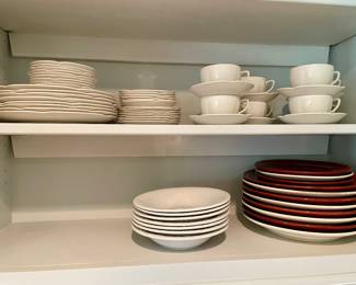 set of tan and burgandy newer plates, set of white Johnson Brothers china