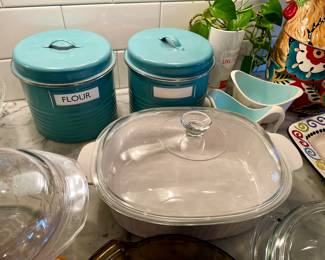 metal canisters, Corning casserole