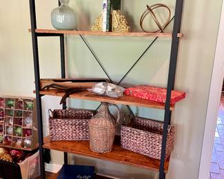 nice tall metal and wood bookcase, wicker covered wine jug, baskets, oriental fan in box, yearbooks