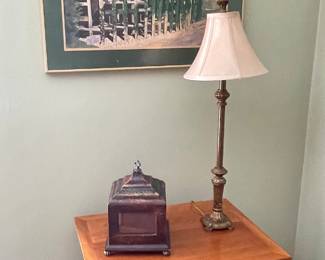 walnut end table, framed print from Kentucky signed by Bear Bryant