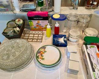 misc kitchen items and serving platters