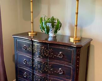black 4 drawer large chest, pair of bamboo like lamps