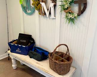 wood bench, wreaths, baskets