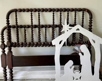 Jenny Lind bed with rails, wooden nativity yard art