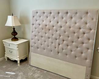 queen upholstered headboard, Lexington nightstand, metal lamp