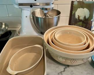 set of stoneware mixing bowls, white Kitchenaid stand mixer