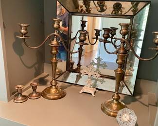 pair of sterling candleabras, metal cross, Waterford clock
