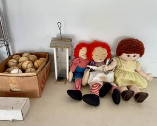 vintage baseballs and some cards, bird feeder, vintage dolls