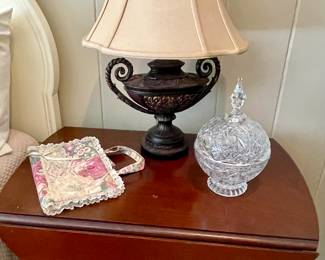 drop leaf end table, crystal candy dish, small urn lamp