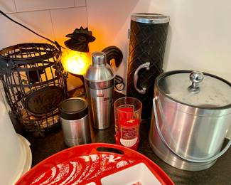 rooster lamp, cork holder, Yeti huggie, stainless cocktail shaker