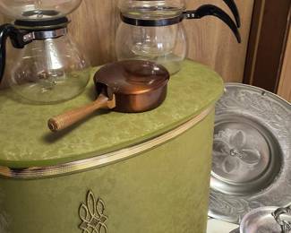 Retro Items - glass perk coffee pot, double boiler, crumb catcher, hamper, and metal serving pieces