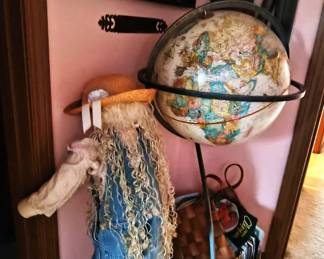 Metal library art items - revolving world globe, Play "Hide & Seek" dressed child figure. 