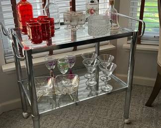 Vintage Chrome Bar Cart And Contents 