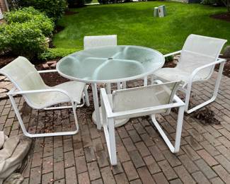 Brown Jordan white patio table with glass insert, 4 chairs and umbrella