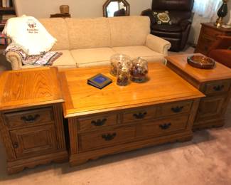Broyhill Oak Coffee Table and 4 end tables-Lane Leather recliner from Tupelo, MISS