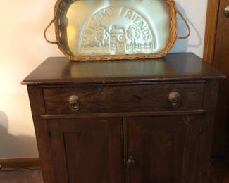 antique chest, metal trays