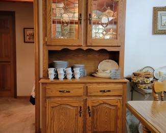 Lighted Oak Hutch with lead glass doors