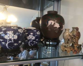 Pair of antique Chinese prunes blossom jars, Mt. Fuji crane vase, soapstone vase 
