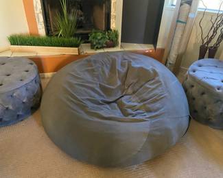 Large Suede Covered Bean Bag And Two Suede Covered Footstools 