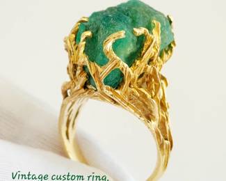 Vintage custom 18kt gold ring with large raw emerald. Size 8 1/2.