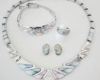Vintage sterling parure: necklace, bracelet, earrings and ring.