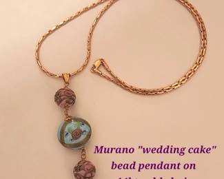 Vintage Murano "Wedding Cake" bead pendant on 14kt gold chain necklace.