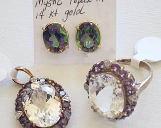 Northern Lights Mystic Topaz earrings in 14k gold; white topaz & amethyst in sterling ring and matching pendant.
