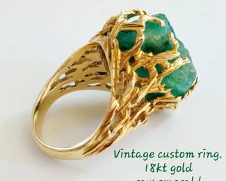 Vintage custom 18kt gold ring with large raw emerald. Size 8 1/2.