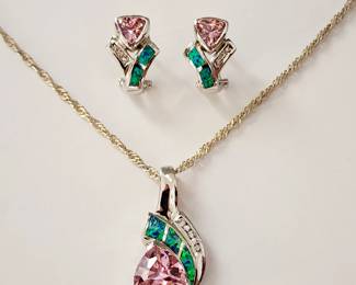 Pink quartz, blue opal & sterling silver pendant necklace & earrings set