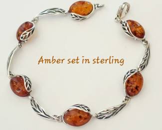 Amber set in sterling silver leaves bracelet