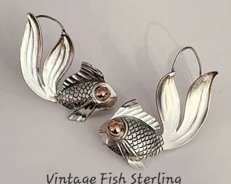 Vintage fish sterling screw back earrings