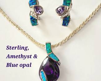 Sterling, Amethyst & blue opal pendant & earrings set