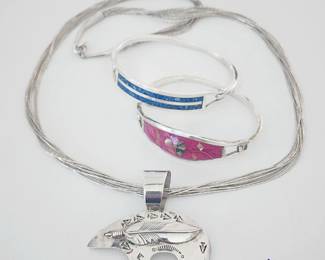 Sterling bear necklace; Mexican sterling bracelets